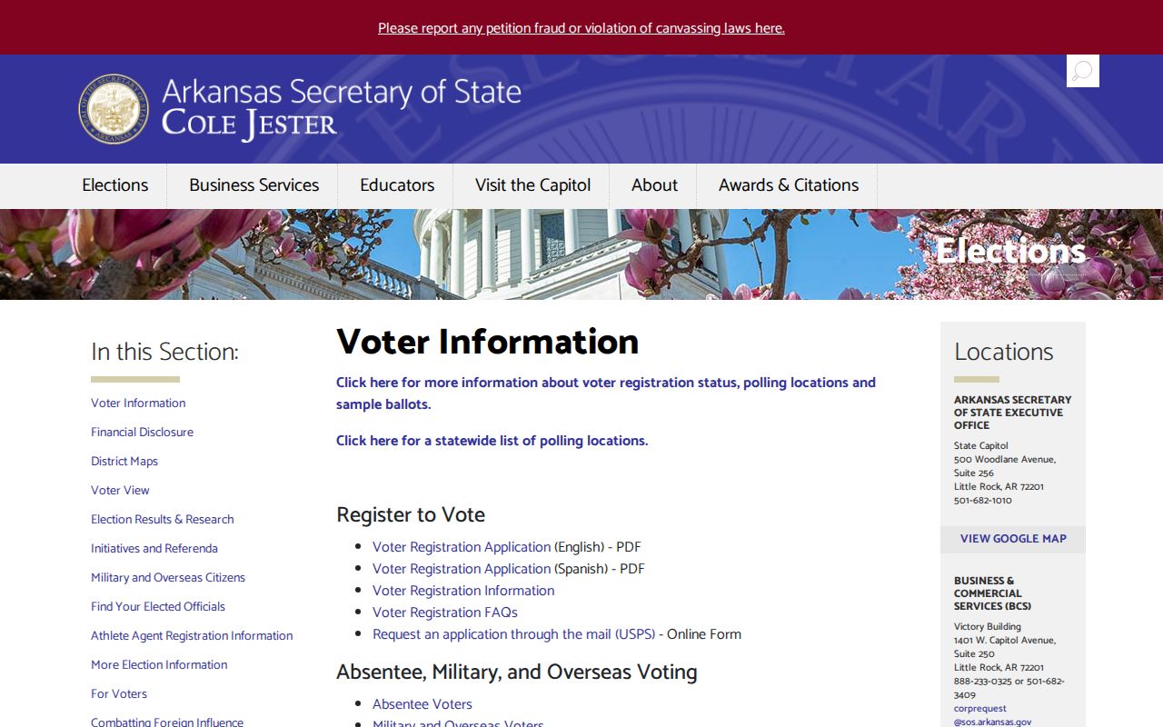 Fayetteville voter registration records Arkansas Secretary of State voter information page
